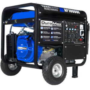 DuroMax XP10000E Gasoline Portable Generator with a max wattage of 10,000 and running wattage of 8,000.